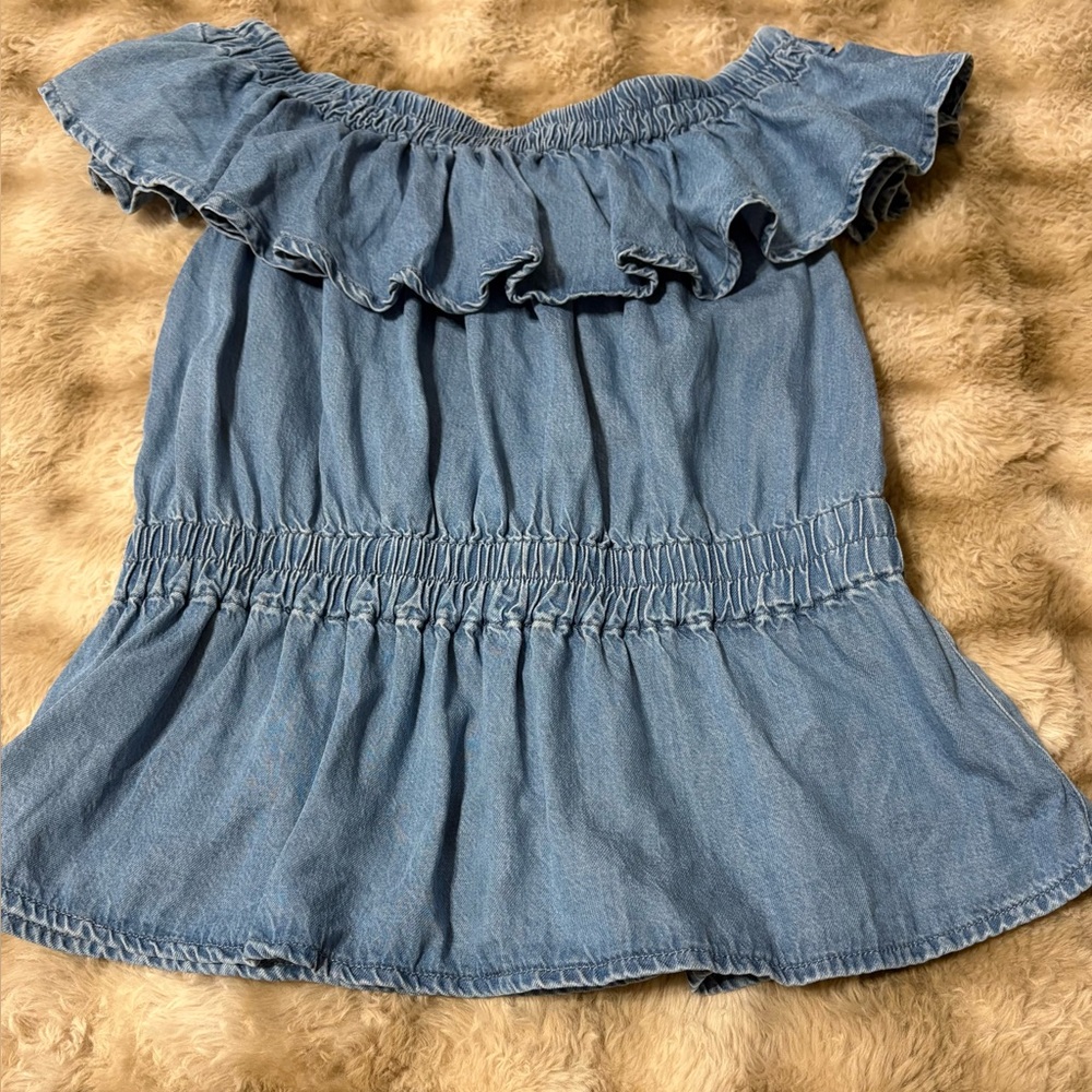 All Saints Off-Shoulder Ruffle Denim Top - Picture 2 of 4